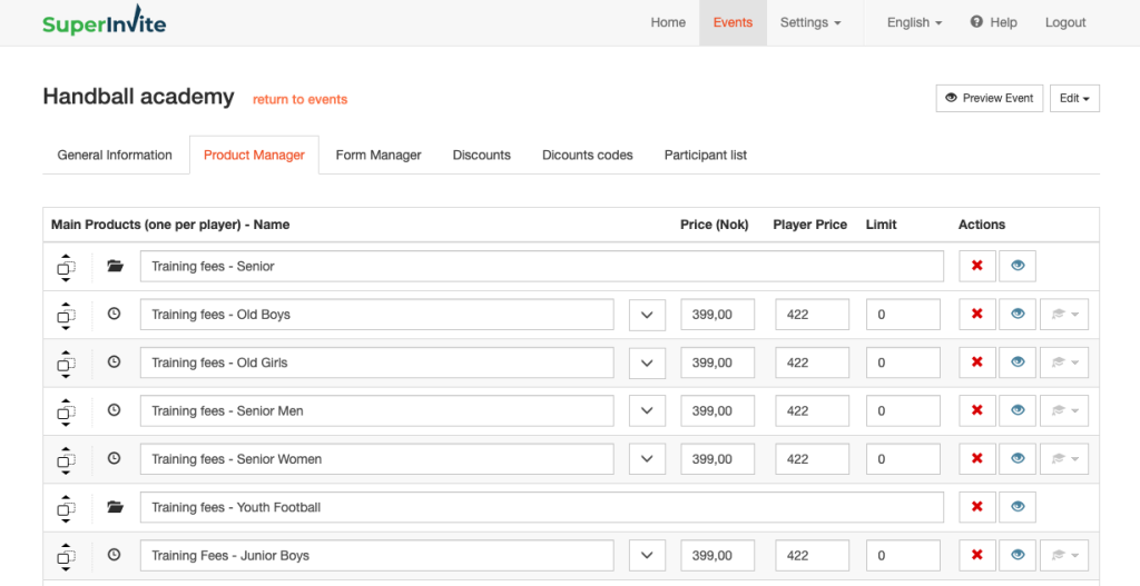 Captura de pantalla de categorización de productos.