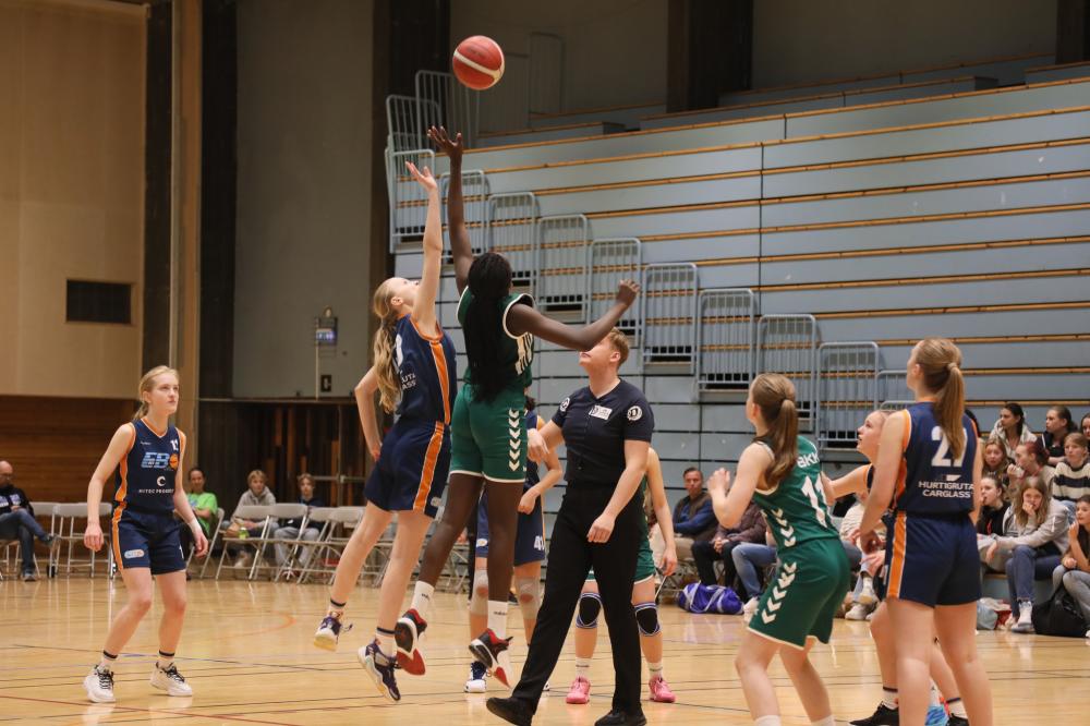 A group of women is actively playing basketball on an indoor court. They are dressed in sports uniforms and athletic footwear, demonstrating various basketball moves. The scene captures the energy and teamwork involved in the game.